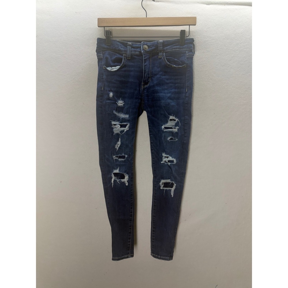 American Eagle Jegging Women 4 Short Blue Distressed Ripped Stretch 3633